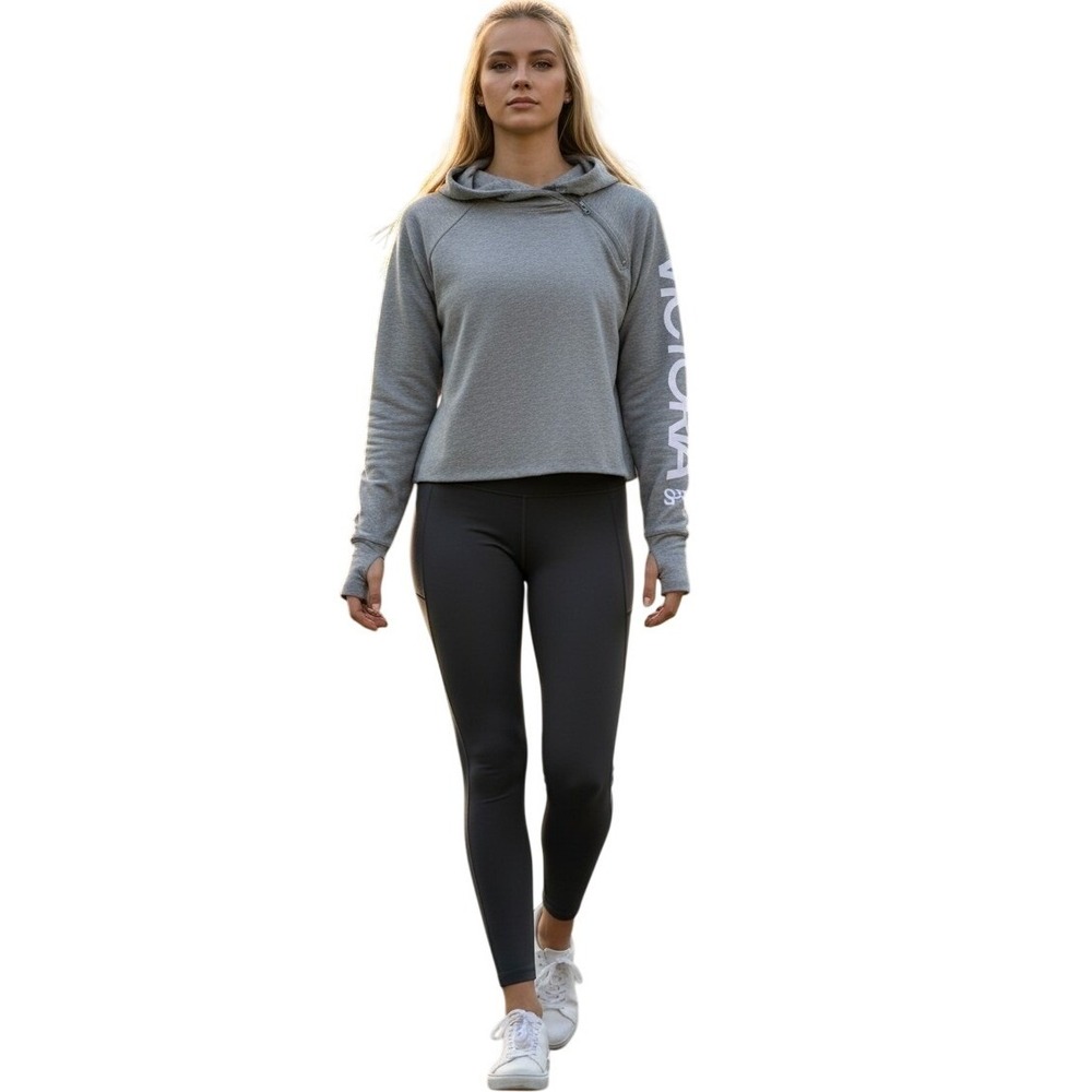 Victoria Sport Heather Grey Asymmetric‎ Zip Cropped Hoodie Sleeve Logo Women's M